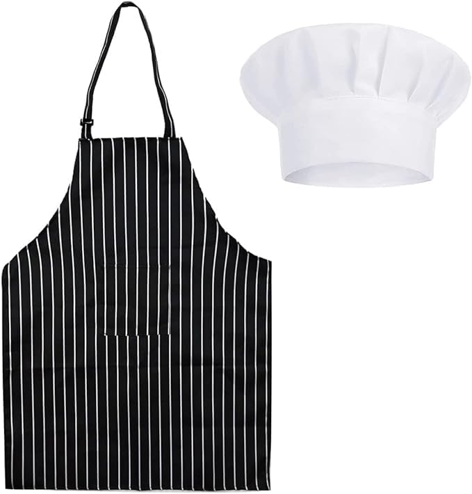 DGHOME Apron and Chef Hat Set, Adult Chef Outfit, Black and White Striped Bib Apron with Pockets for Unisex, Suitable for Home Kitchen, Gardening, Cafes