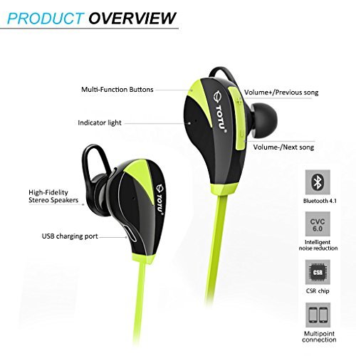 Bluetooth Headphones, TOTU Wireless Sports Earphones In Ear Earbuds w/ Mic Noise Cancelling Secure Fit for Gym Running Workout (IPX5 Sweatproof , Stereo, 8 Hours Playtime) - Green