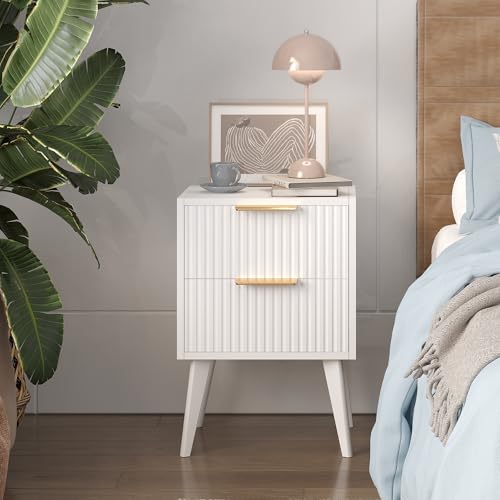 Fluted Nightstand with 2 Drawers,Modern Bedside Table with Metal Handles,White Side Table with Solid Wood Legs,Mid Century End Table for Living Room,Bedroom,White CAACTG55W