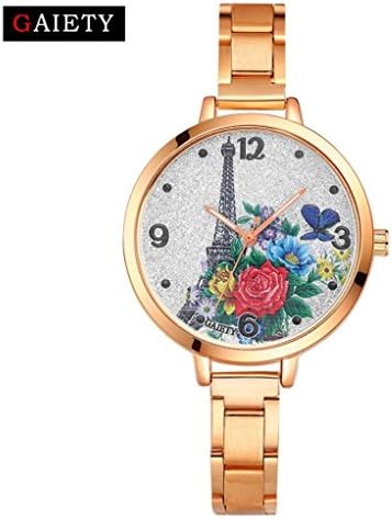 Hunputa Womens Girls Floral Printed Stainless Steel Band Analog Quartz Round Wrist Watches Gift (Rose Gold)