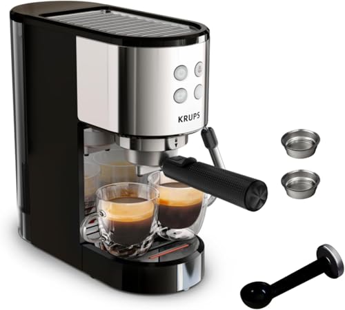 Virtuoso Essential - Cafetera espresso 15 bar, acero inox negro, diseño compacto y elegante, parada automática, espresso y cappuccino, Thermoblock, boquilla de vapor, incluye cuchara, XP4418