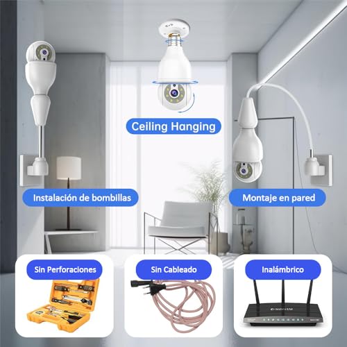 E T EASYTAO | 2PCS Q17 Foco con Camara de Seguridad WiFi, 2MP Camara de Foco 360°, iCSee Tris Home App, Base E27, Visión Nocturna, Audio Bidireccional, Detección de Movimiento, Compatible con Alexa