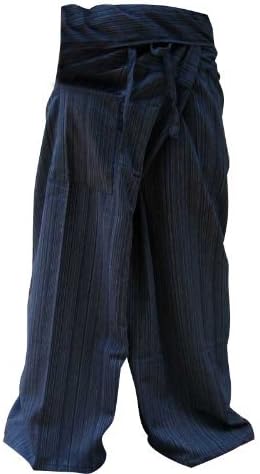 Thai Fisherman Pants Yoga Trousers Free Size Plus Size Cotton Dark Blue Stripe By Hugdethailand by hugde