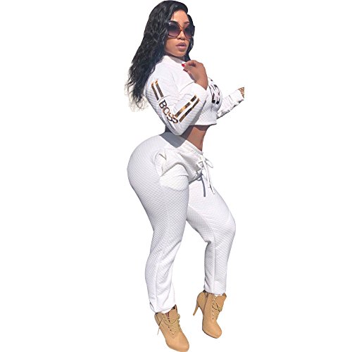 Aro Lora Women's 2 Pieces Outfit Letter Print Long Sleeve Hoodies + Long Bodycon Pant Sweatsuits Tracksuits Jumpsuits Large White