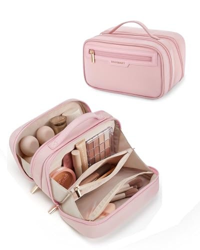 BAGSMART Travel Makeup Bag, Make Up Bag with Multiple Compartments for Organizer, Compact & Durable Cosmetic Organizer for Women for Travel Accessories (Pink