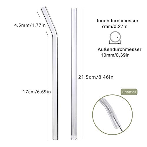 12st Glas Strohhalme Wiederverwendbar (215*10mm) Gerade und Gebogen mit 4 Strohhalm Bürsten, Glas Trinkhalme… – Bild 3
