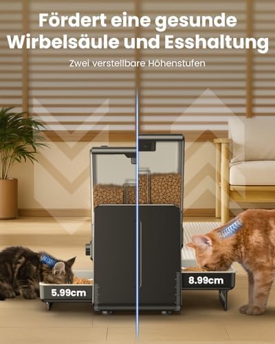 Futterautomat Katze für 2 Katzen, 5L/20 Tassen Katzenfutter Automat mit verstellbaren Schalen, Abnehmbares Bedienfeld, zeitgesteuert, Katzen- und Hunde Futterautomat für Trockenfutter