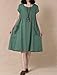 Mordenmiss Women's Cotton Linen Tunic Dress Pleated Short Sleeve Sundresses Summer Daily Pullover with Pockets L Green