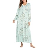 Ekouaer Women's Long Sleeve Nightgown Full Length Sleepwear Long Sleepshirts Henley Sleep Dress S-4XL