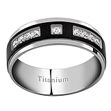 FlameReflection Men Women Titanium Ring Wedding Band Silver Finish Black Plated Round CZ 6/8mm