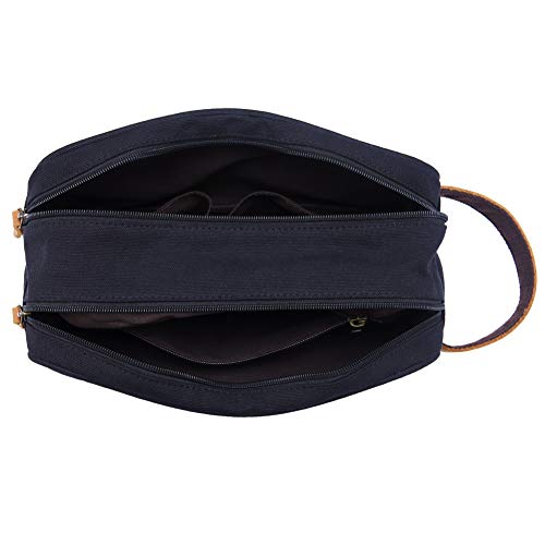 Kemy's Mens Toiletry Bag Leather Canvas Toiletries Travel Bag Grooming Shaving Bags for Men Dopp Dob Dobb Kits Toilet Hygiene Bathroom Bag Double Compartment for Traveling Waterproof Easter Gift Black