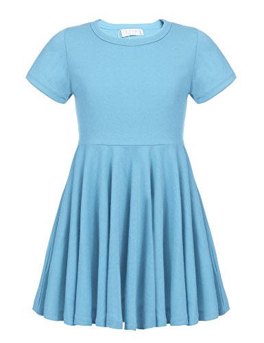 Arshiner Girls' Cotton Long Sleeve Twirly Skater Party Dress,Blue_short Sleeve,130(Age for 8-9 Y)