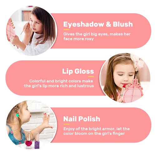 EveStone Kids Makeup Kit for Girl, 3 in 1 Play Makeup Set with Washable Non-Toxic Cosmetic, Princess Doll, 51PCS Real Make Up Toys Birthday Gift for Toddler Children Age 3-4-5-6-7-8-9 Year Old