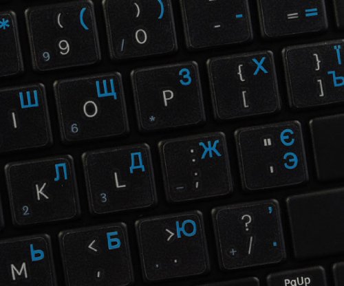 UKRAINIAN KEYBOARD LABELS LAYOUT ON TRANSPARENT BACKGROUND WITH BLUE, ORANGE, RED, WHITE OR YELLOW LETTERING (14X14) (Blue)