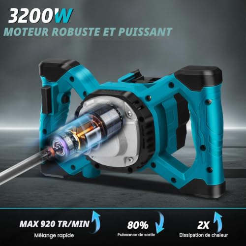 Mortar Mixer Compatible with Makita Battery, 3200W Color Mortar Beater, Max 680RPM, Electric Paddle Mixer with 6 Speed, 2 Mixing Rods (No Battery)