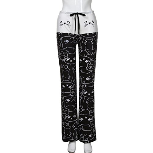 Minisoya Women Cat Printed Drawstring Casual Loose Lounge Yoga Pants Leggings Sweatpants Palazzo Wide Leg Trousers (Black, S) - Thumbnail 4