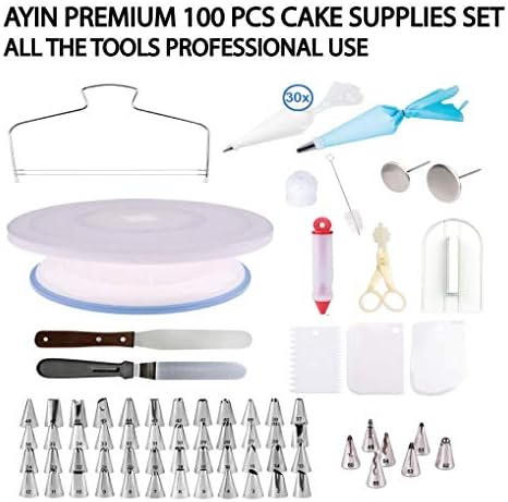 AYIN Cake Decorating Supplies Set - Professional Cupcake Decorating Kit | Baking Supplies | Non-Slick Cake Turntable Stand, Stainless Steel Frosting Tips, Coupler, Icing Spatulas, Scrapers, Silicone P