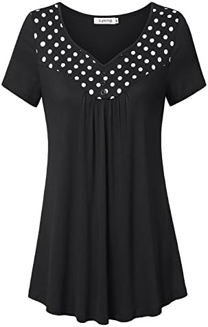 Lyking Women's Sweetheart Neckline Polka Dot Stitching Tunic Top Pleated Casual Shirts(XXL,Black-1)