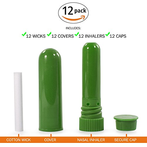 Aromatherapy Essential Oil Empty Blank Nasal Inhaler Tubes, Sinus & Lung Relief, Complete DIY Set Colored Plastic Tube + Cotton Wicks + 12 Writable Labels (12 pack)