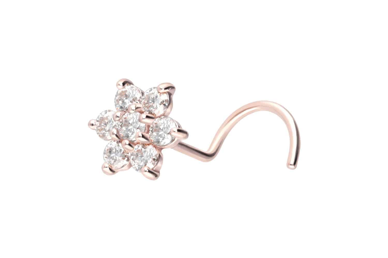 PIERCINGLINE 18K Gold Curved Nose Stud | FLOWER with Crystal | Nostril Piercing in 18 K Rose Gold