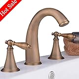 Beelee Deck Mounted Three Holes Double Handles Widespread Bathroom Sink Faucet, Antique Brass Finished