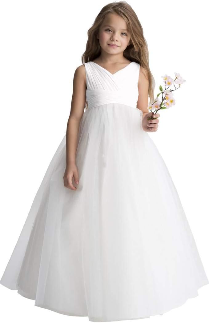 Tulle Flower Girl Dress, Chiffon Wedding Party Pageant Dresses for Girls, Long Junior Bridesmaid Dress A-Line