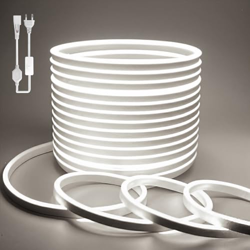 BAGZY Waterproof Outdoor LED Strip 50 m White LED Strip 220 V Neon Strip Light IP65 Waterproof Flexible Indoor Cut-Off Included Mains Adapter for Bedroom Kitchen