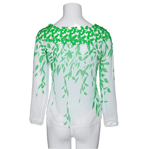Respctful✿Women Plus Size Hollow Chiffon Blouse Long Sleeve Casual Tops Shirts Boho Leaf Printed Tunic for Woman Green - Thumbnail 4