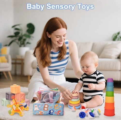 Baby Toys 6 to 12 Months,6 in 1 Montessori Toys for Babies 6-12 Months,Sensory Toy Babies Stacking Blocks Rings,Infant Teething Toy Cups Tissue Box Toy for 6 8 9 12 Months Boys & Girls Baby Gift