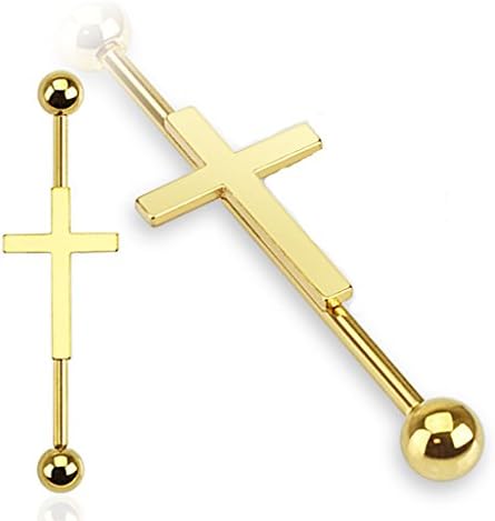 Cross Centered Surgical Steel Industrial Barbells (Sold Individually) (16G Gold)