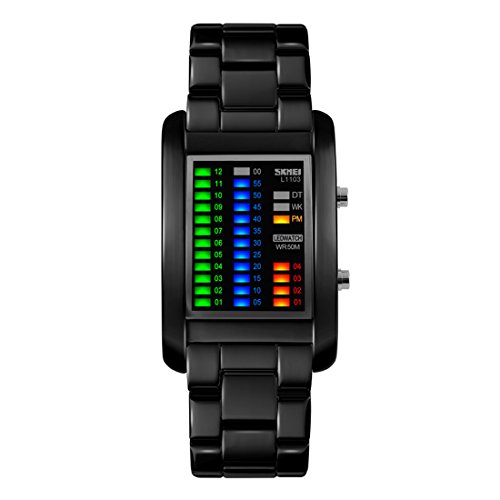 Gets Mens Design Binary Watches Unique Led Sports Watch Waterproof Creative Stainless Steel Watches for Men (Black)