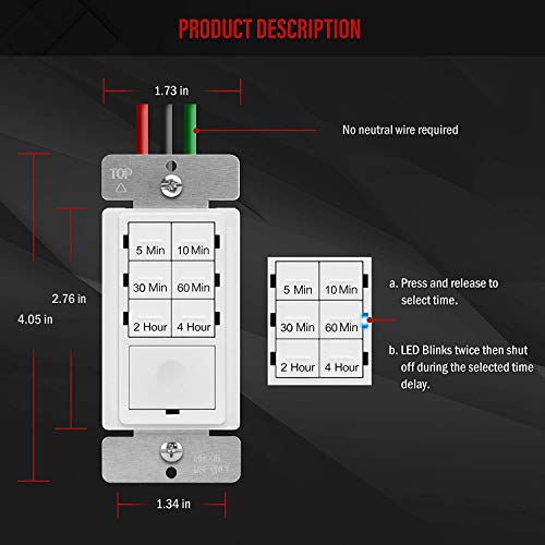 ENERLITES 4Hour No Neutral Wire Countdown Timer Switch, 5103060 Min