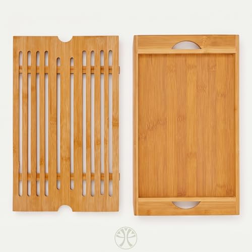 Tábua de Corte Bambu com Migalheira e Bandeja 4 em 1 | Bambu natural prensado, sulco coletor de migalhas, alças laterais, uso como fruteira ou suporte de panela, 36,8x22 cm