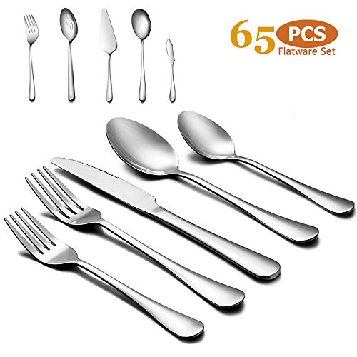 Silverware Set, Blingco 65 PCS Flatware Set, Stainless Steel Cutlery Utensils Service for 12, Kitchen Hotel Restaurant Tableware Set, Icnlude Knife/Fork/Spoon, Mirror Polished, Dishwasher Safe - Thumbnail 7