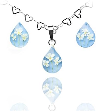 TAMI Floral Jewelry Sterling Silver Teardrop Button Earrings and Necklace in a Light Blue Background and Real Queen Anne's Lace Flower and a 17.71 inches 925 Heart Links Chain