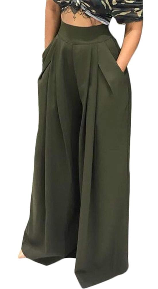 Women Palazzo Pants Casual Pleated Long Pants Solid High Waisted Stretchy Loose Wide Leg Pants