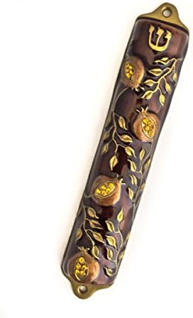 Bless This House, Mezuzah Case - Mezuzah Cover, Pomegranate Tree Design Crafted in Heavy Brass, Jerusalem Judaica, Israel, Door Mezuza Case 4" (Brown)