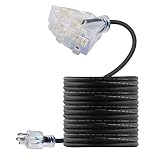 15 FT 12/3 Outdoor Extension Cord - Rubber, Flexible, Triple Outlet, Black Wire with Live Power Light Indicator. 15 Amp