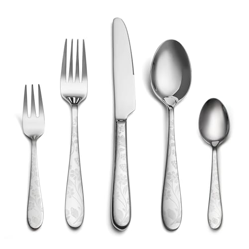 Eiubuie Besteck Set 12 Personen, 60-Teiliges Edelstahl Besteckset Mit Einzigartigem Musterdesign, Essbesteck Mit Messer Gabel Löffel, Tafelbesteck Für Haus/Küche, Hochglanzpoliert, Spülmaschinenfest