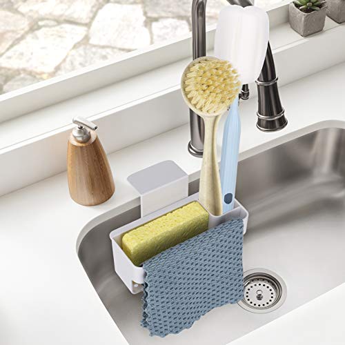 Sponge Holder for Kitchen Sink, with Holder for Sponges and Cleaning Supplies, 3-in-1 Multifunctional sponge caddy and Dish Cloth Hanger, for Kitchen, Bathroom, Soap Box Organizer with Suction Cups