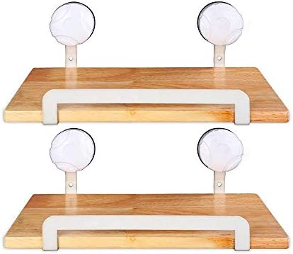 Creatwo Floating Wall Shelf Wood Spice Rack with Metal Rail and Suction Cups for Kitchen/Bathroom No Damage to Wall, Beige