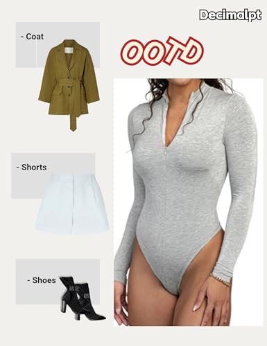 DECIMALPT LONG SLEEVE BODYSUIT TOPS TURTLENECK/V NECK LEOTARDS FRONT ZIP UP BODY SUIT FOR WOMEN GREY