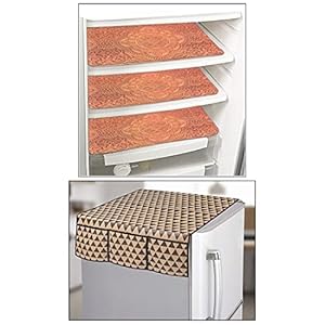 PrettyKrafts Appliance Cover Combo of 1 Refrigerator Top Cover, 3 Fridge Mats – (Wooden) Set Of 4