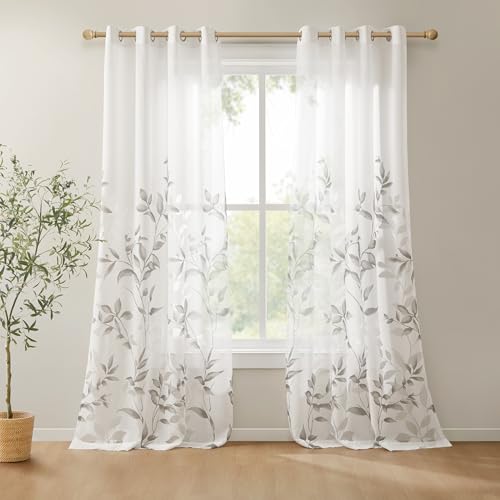 Madison Park 2 Panel Semi Sheer Curtain for Living Room Window, Lightweight Burnout Botanical Print Bedroom Curtains, Grommet Top Window Shades for Home, Machine Washable, Cecily, 2-PK 50x84, Grey
