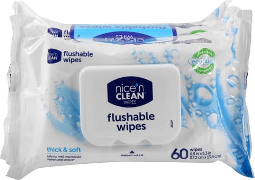 NICE ‘N CLEAN ADULT FLUSHABLE WIPES (3 X 60 COUNT) | PERSONAL CLEANSING WIPES MADE FROM PLANT-BASED FIBERS | INFUSED WITH ALOE & VITAMIN E