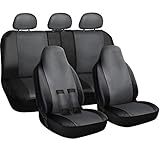 OxGord Set PU Leather Car Seat Cover Set - Airbag - Front Low Back Buckets - Universal Fit for Car, Truck, SUV, Van - Steering Wheel Cover and Seat Belt Cushion