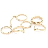 KeyZone Women Stylish Crystal Leaves V Shaped Above Knuckle Stacking Band Midi Rings (6pcs a set) Golden