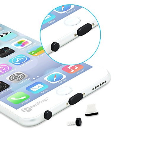PortPlugs - Aluminum Finish Dust Plug Set - Charger and Headphone Jack Plugs- Compatible iPhone 5, SE, 6, 6s, Plus, iPad Air, iPod 5, 6 – Includes Holders