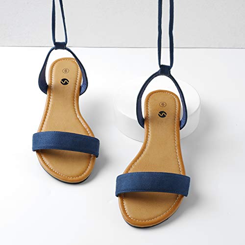 Rekayla Open Toe Tie Up Ankle Wrap Flat Sandals for Women Navy Blue 09
