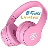 Mokata Volume Limited 85dB Kids Headphone Bluetooth Wireless Over Ear Foldable Stereo Sound Noise Protection Headset with AUX 3.5mm Cord Microphone for Boys Girls Cellphone Pad TV PC Notebook Pink